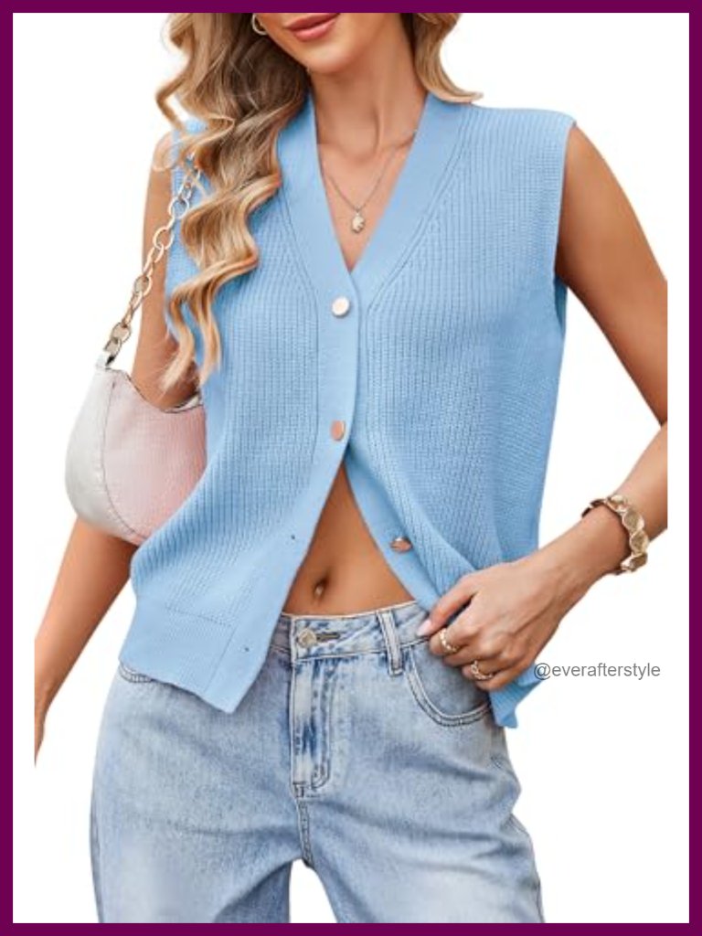 Sleeveless Knit Cardigan Sweater Vest V-Neck Button Front Lightweight Layering